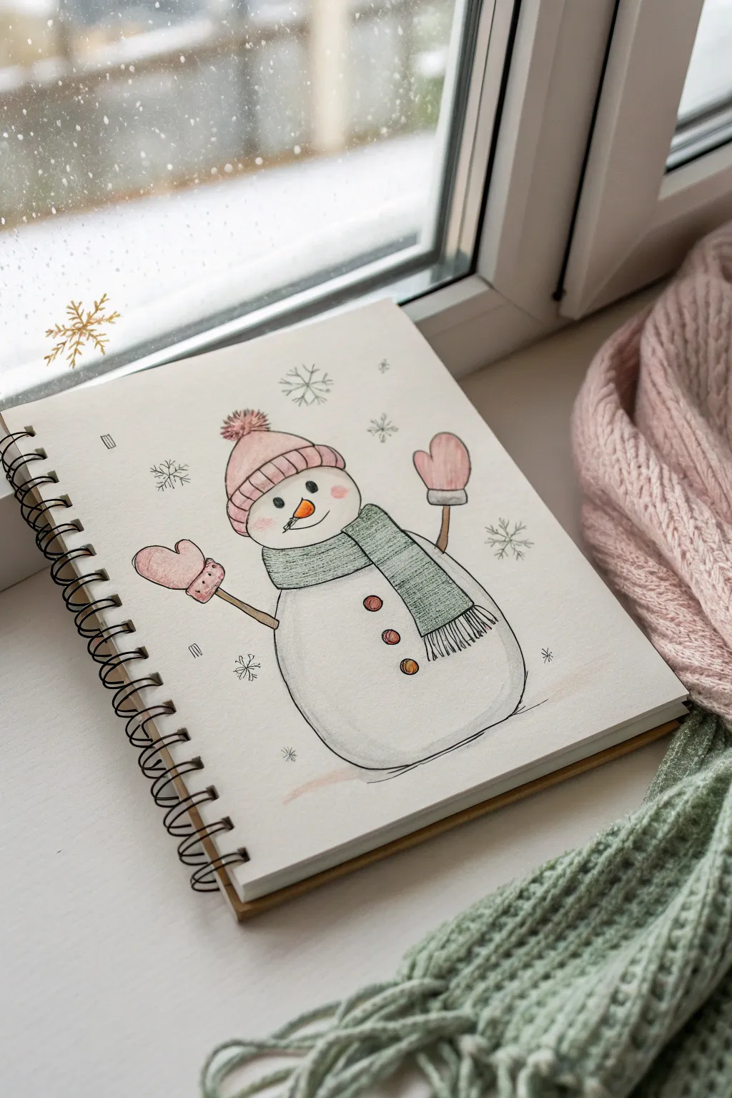 Friendly snowman sketch with rounded arms and cozy puffy mittens, waving hello in minimalist style.