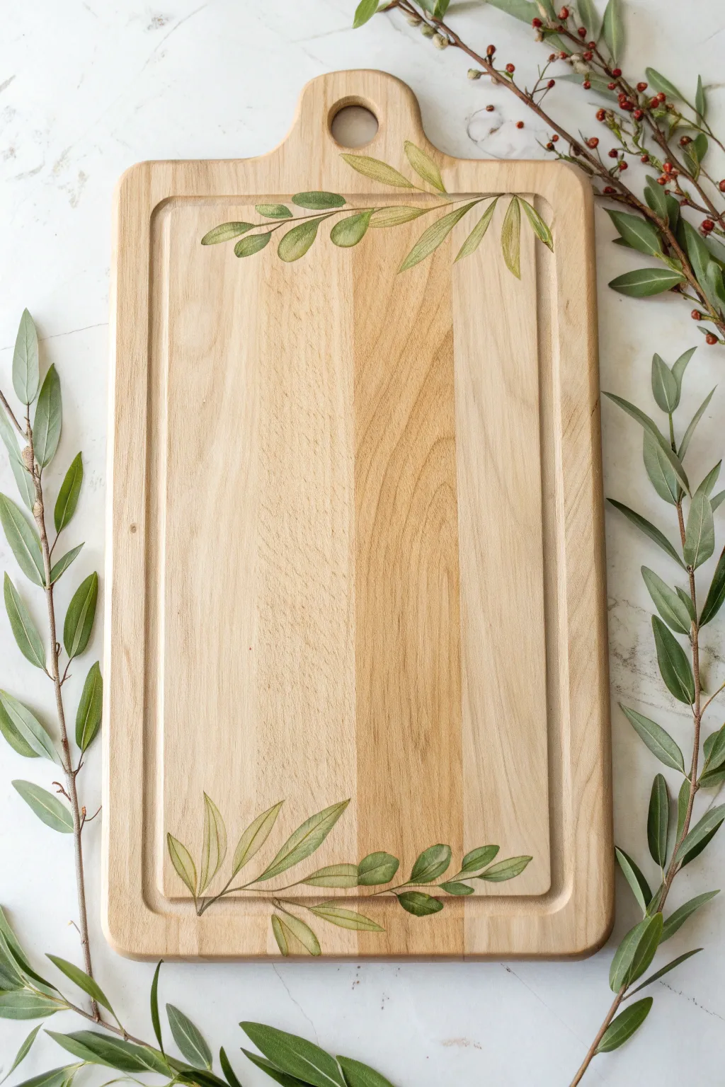 Minimal olive branch border cutting board painting, clean top-down look with natural wood warmth