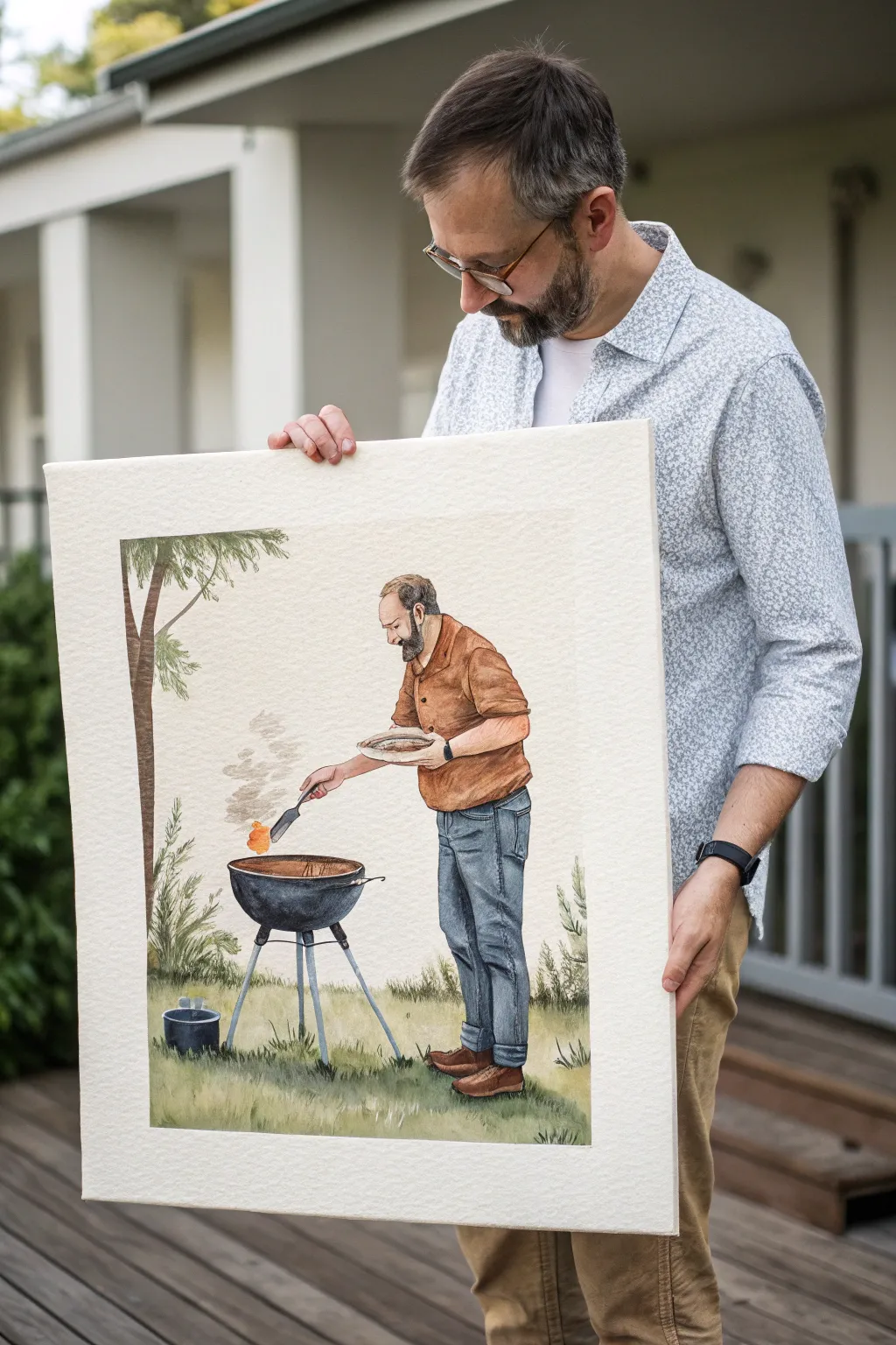 Capture Dad at his happiest: a simple hobby snapshot painting with warm, earthy contrast.