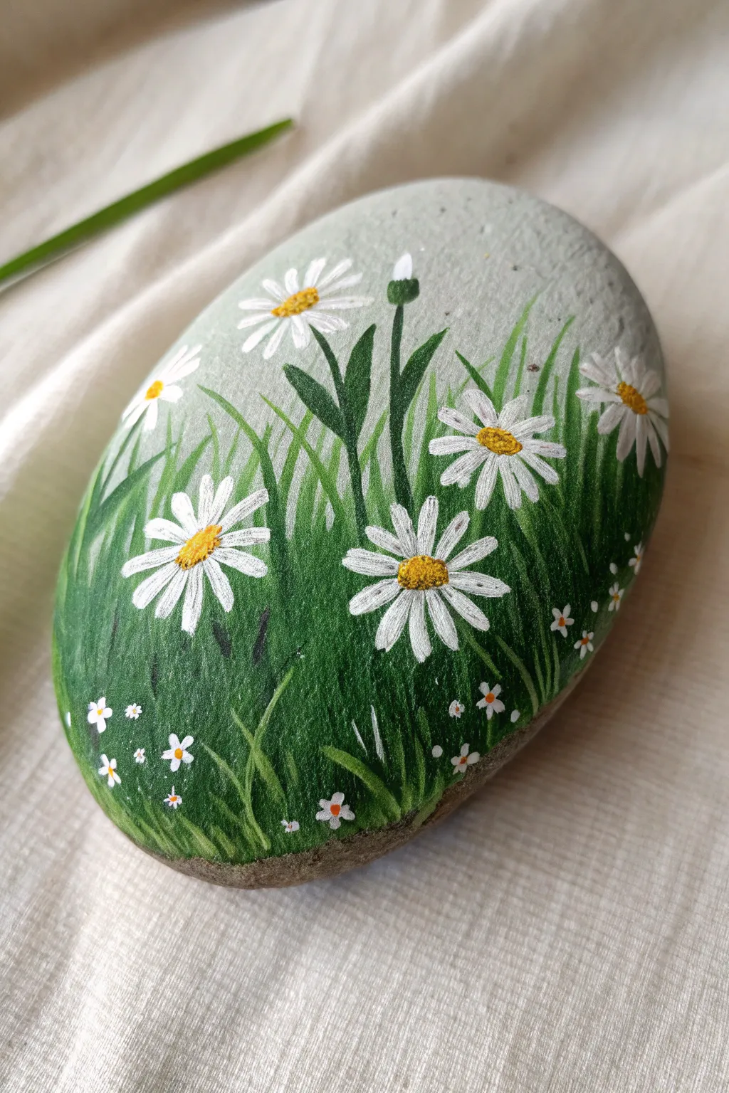 Mini meadow rock with scattered daisies, simple brushstrokes and calm Scandinavian vibes