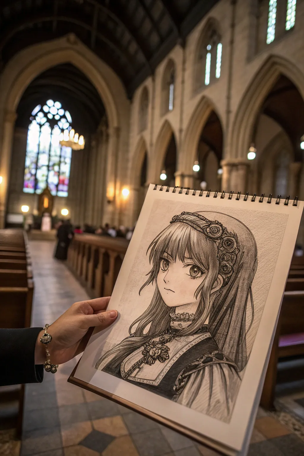 Dark anime gothic uniform with thorn accessories and cathedral shadows in minimalist boho style