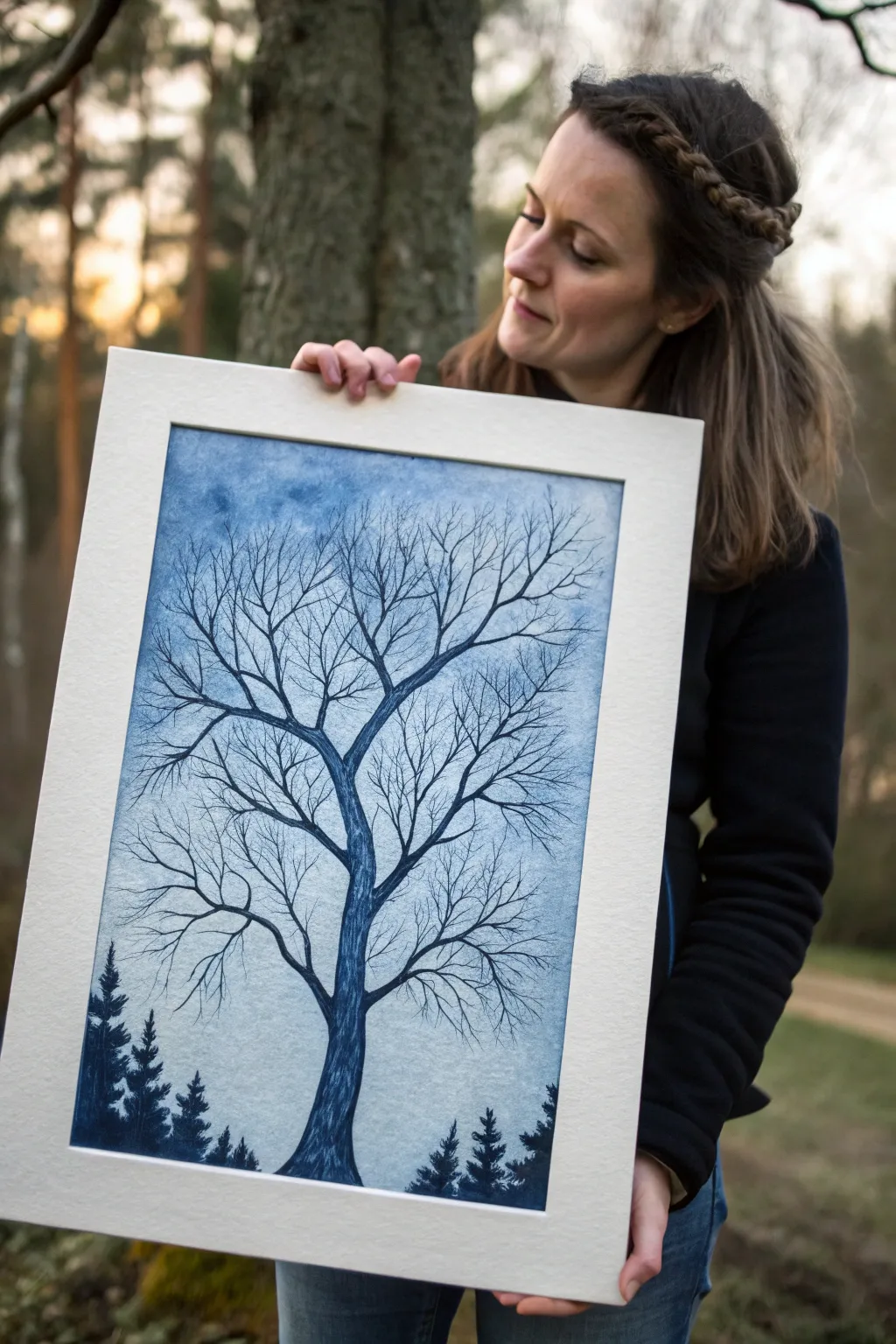 Crisp black claw-like branches tangle against a midnight wash for a minimalist gothic mood