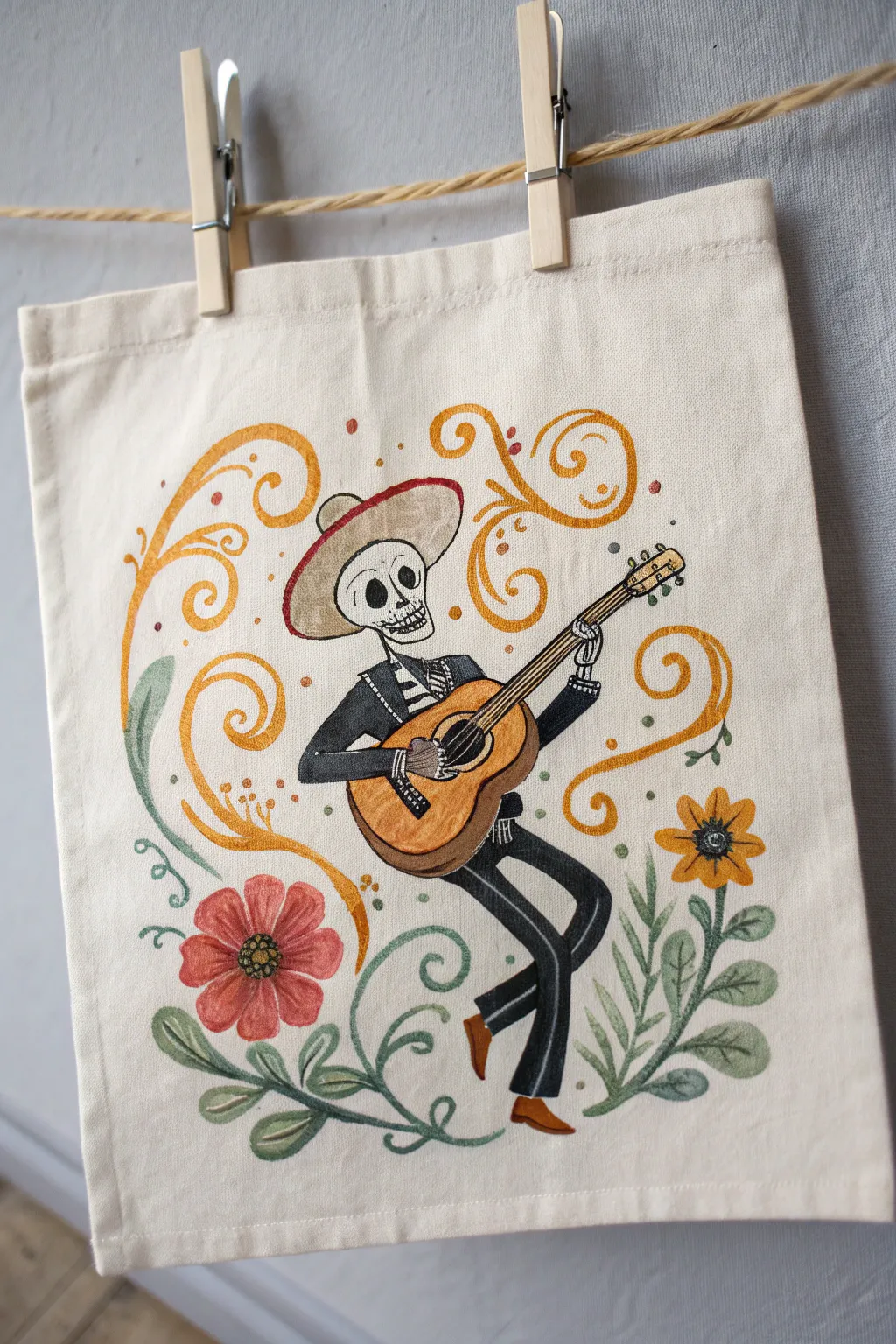 Minimalist Día de Muertos skeleton guitarist, marigolds and swirling sound lines