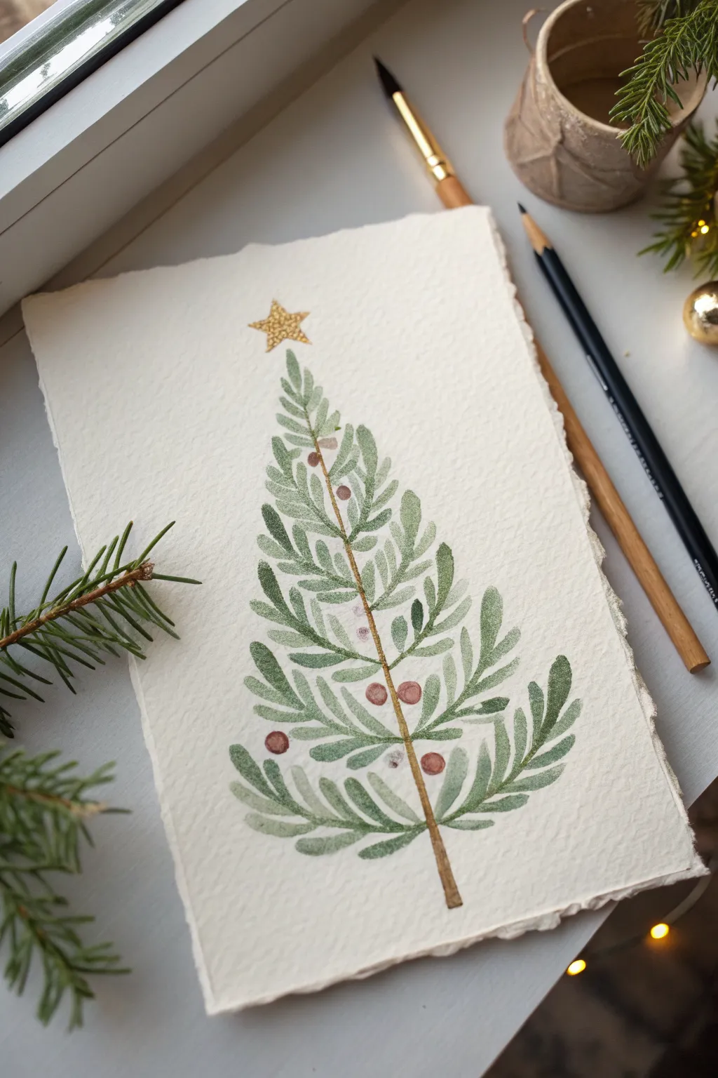Simple layered Christmas tree drawing in muted greens with tiny baubles and a star topper