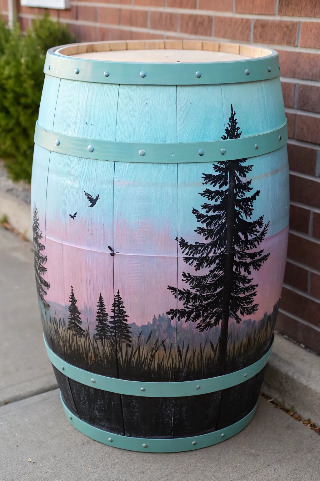 Dreamy sky-gradient barrel with a bold black silhouette landscape, perfect for minimalist boho patios.
