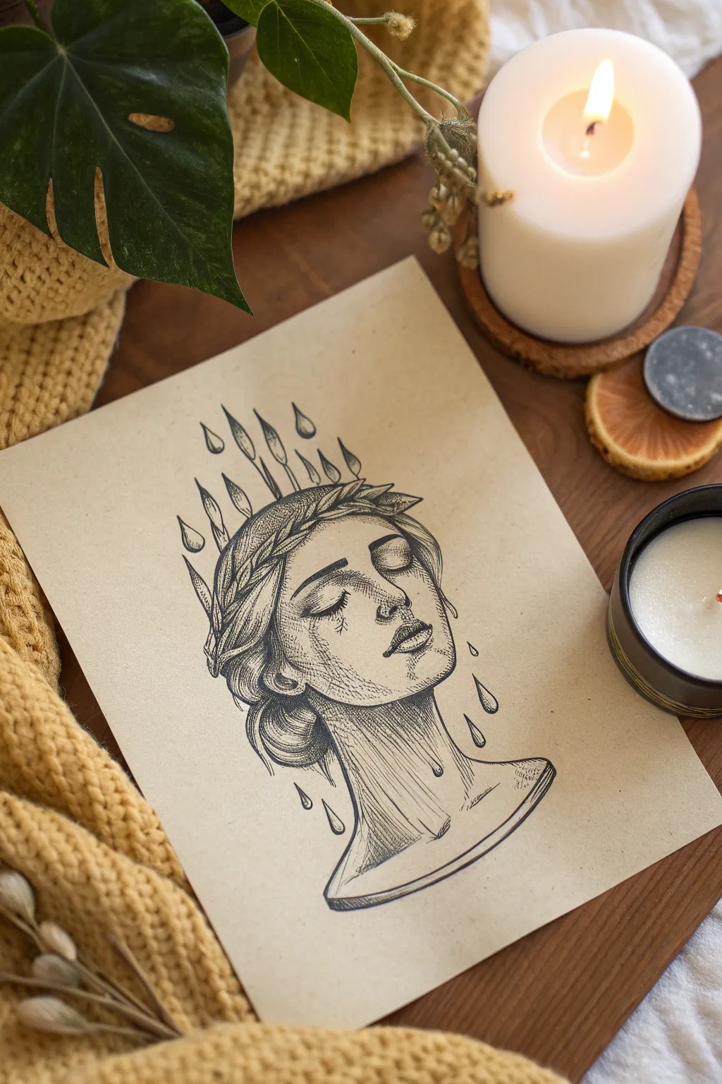 Burnout candle head portrait in charcoal, wax tears and quiet shadows for deep drawing ideas.