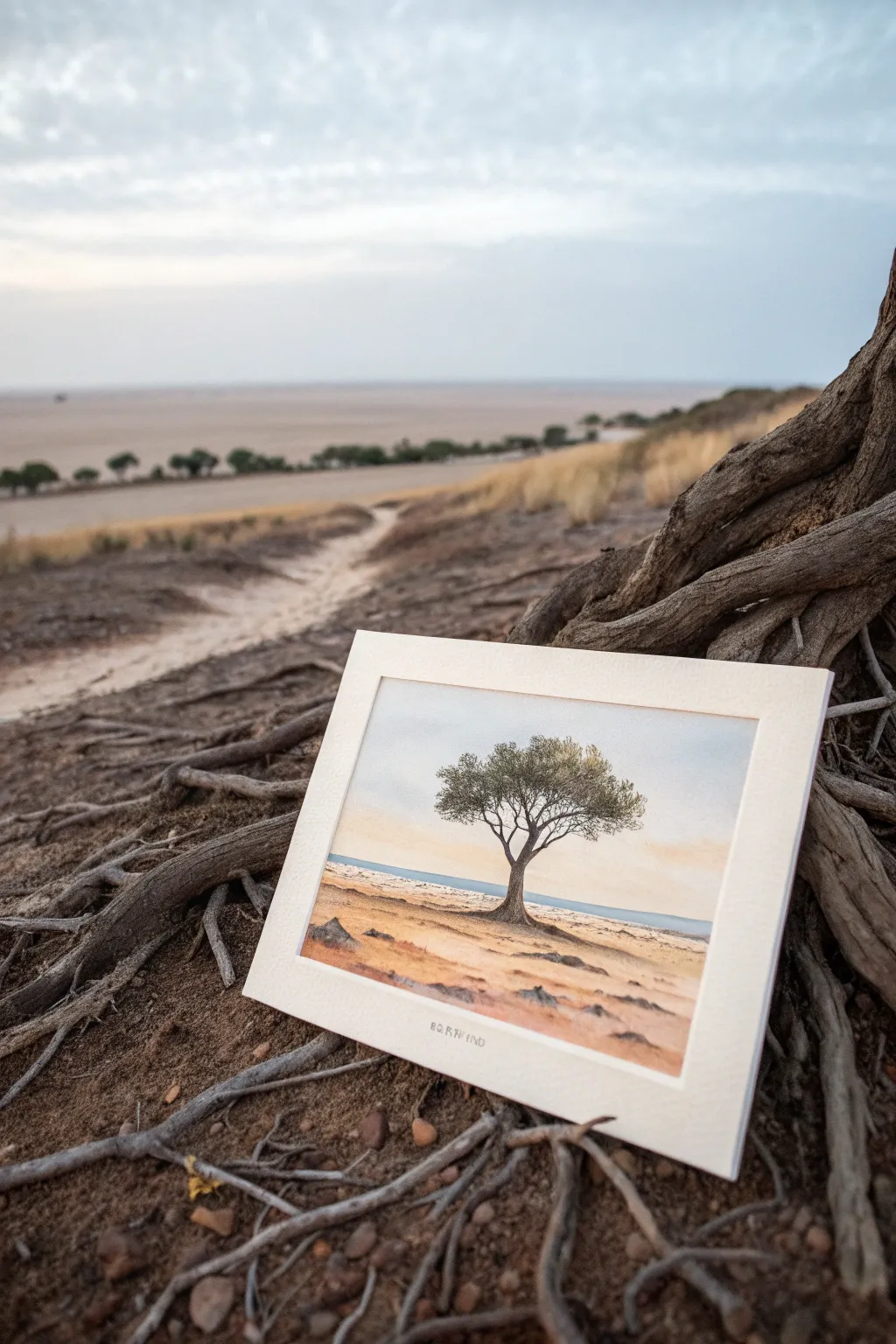 Roots beneath the calm surface, a deep painting idea about memory, history, and hidden growth.