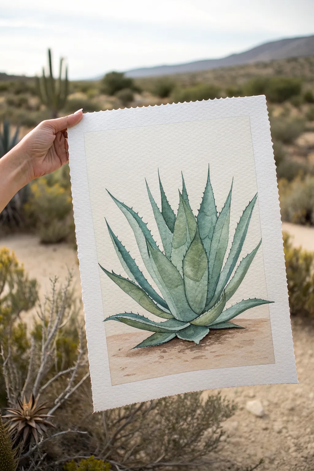 Paint an easy desert scene: bold agave foreground with simple scrub and soft dunes.