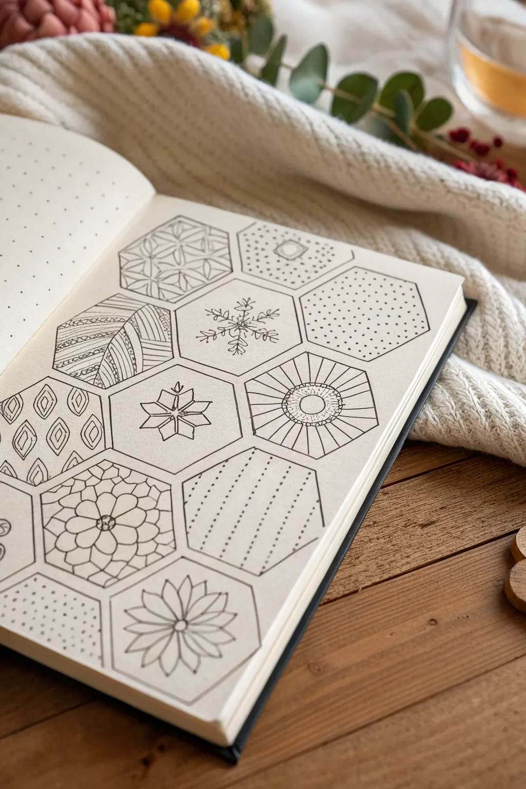 Hexagon quilt block drawing ideas with mix-and-match patterns, perfect for an easy, modular sketch