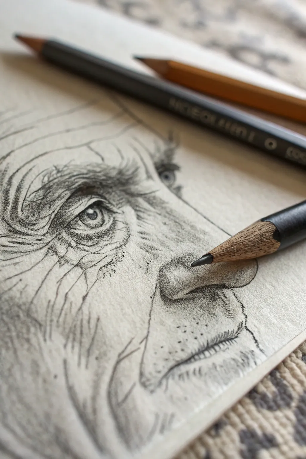 Graphite wrinkle study from an aged portrait crop, balancing soft shadows and crisp texture.