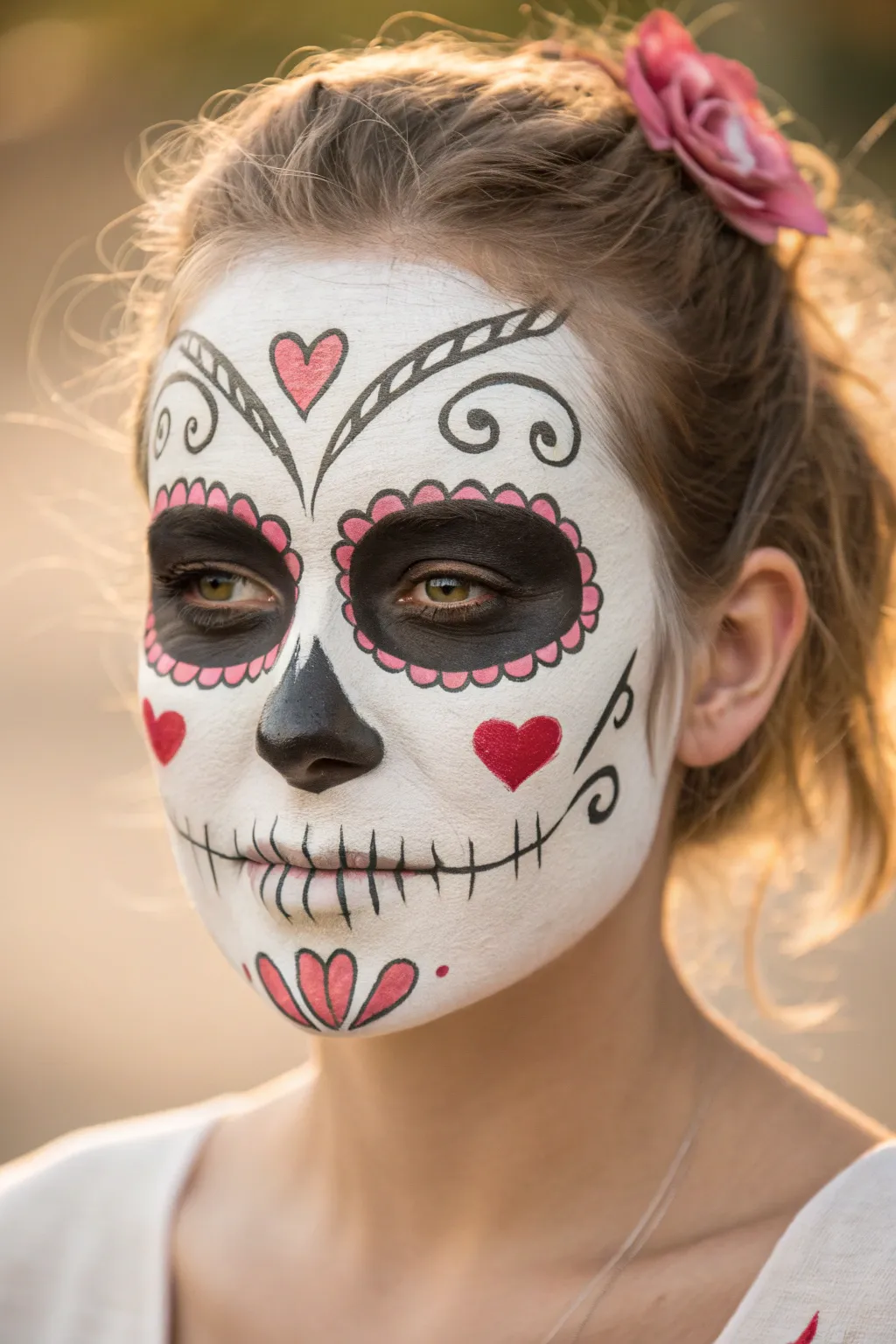 Sweet skull glam: heart-shaped nose and cupid-bow lips with tiny cheek hearts and teardrops