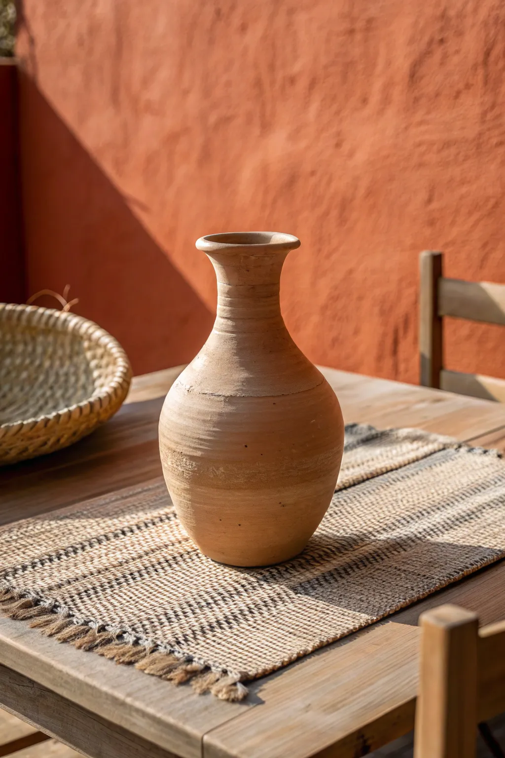 Terracotta wall glow with a handmade clay vase and woven textures for a cozy dining nook
