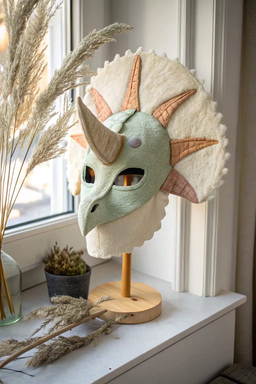 Craft a chic dino mask with oversized foam ears and soft fur for a playful boho-minimal look