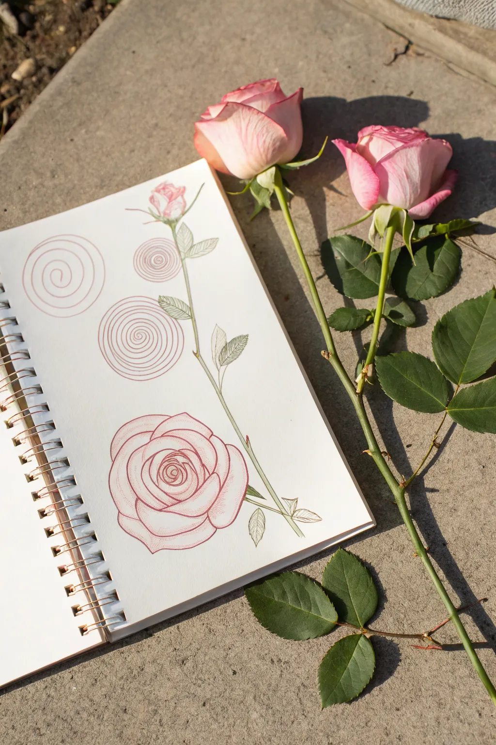 Rose directed drawing steps from spiral center to petals, stem, and leaves with soft blush shading