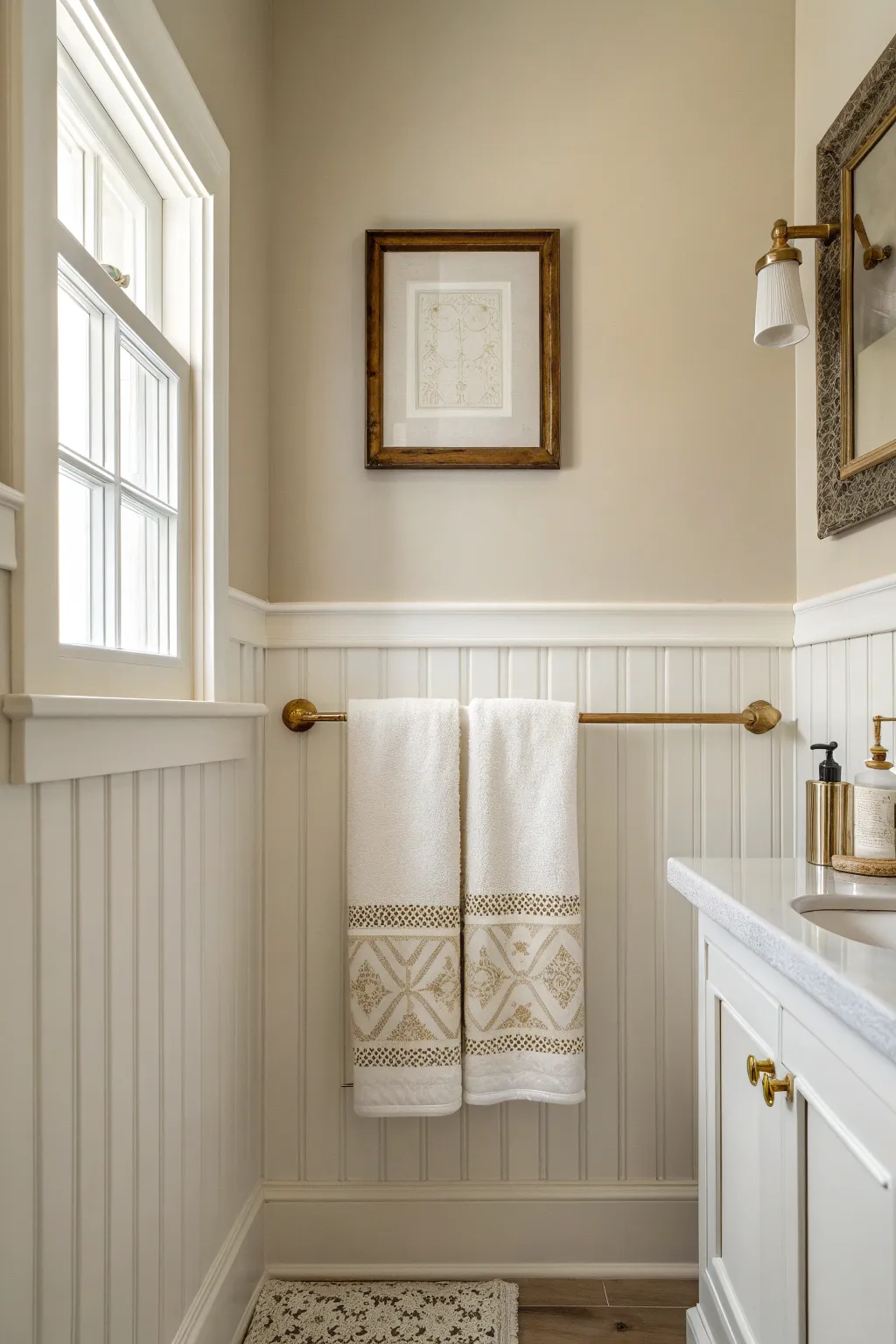 Faux wainscoting with painted panels adds calm depth and structure to any bathroom wall.