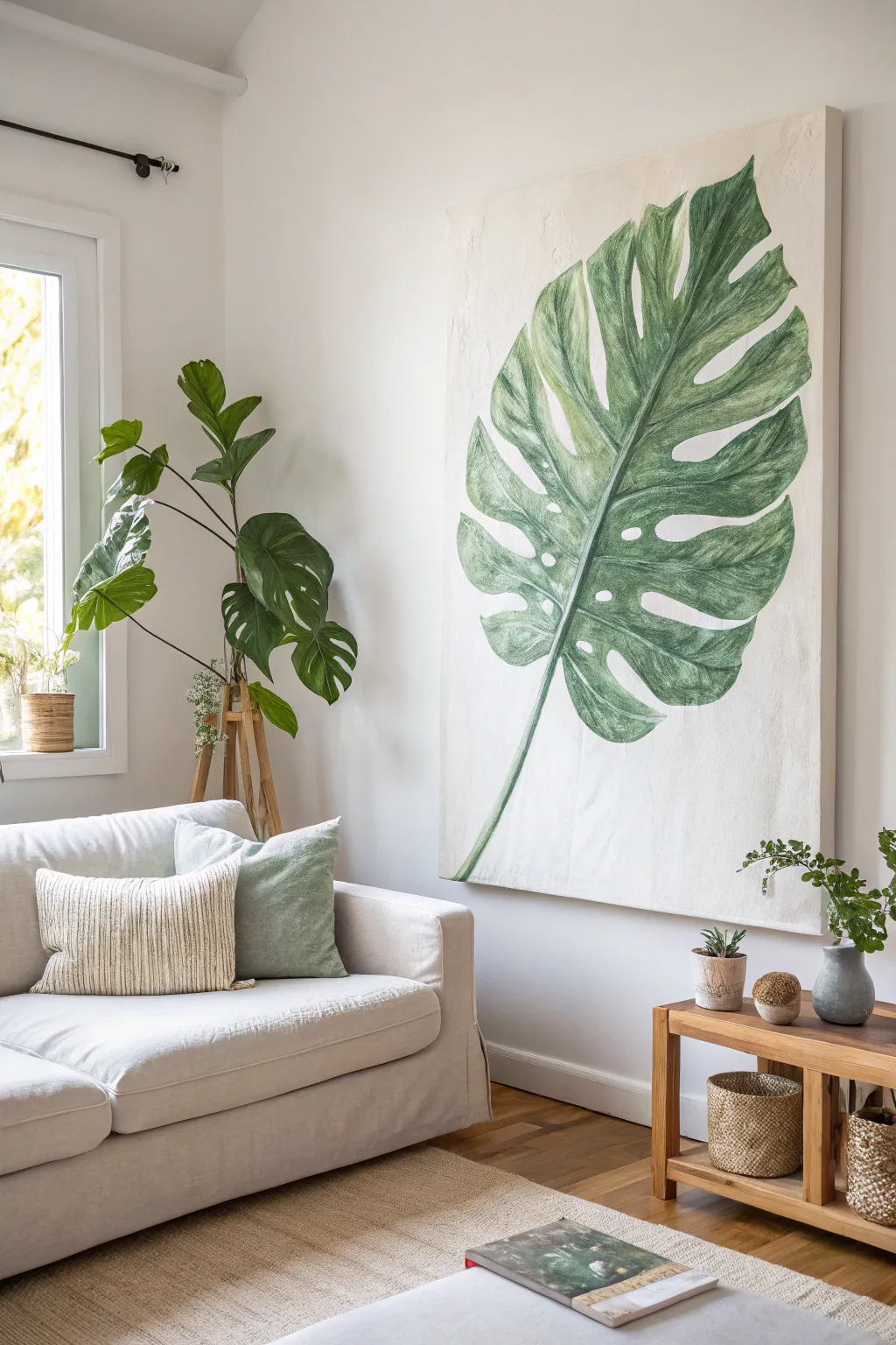 Oversized tonal-green leaf canvas above a linen sofa, minimalist boho DIY living room look