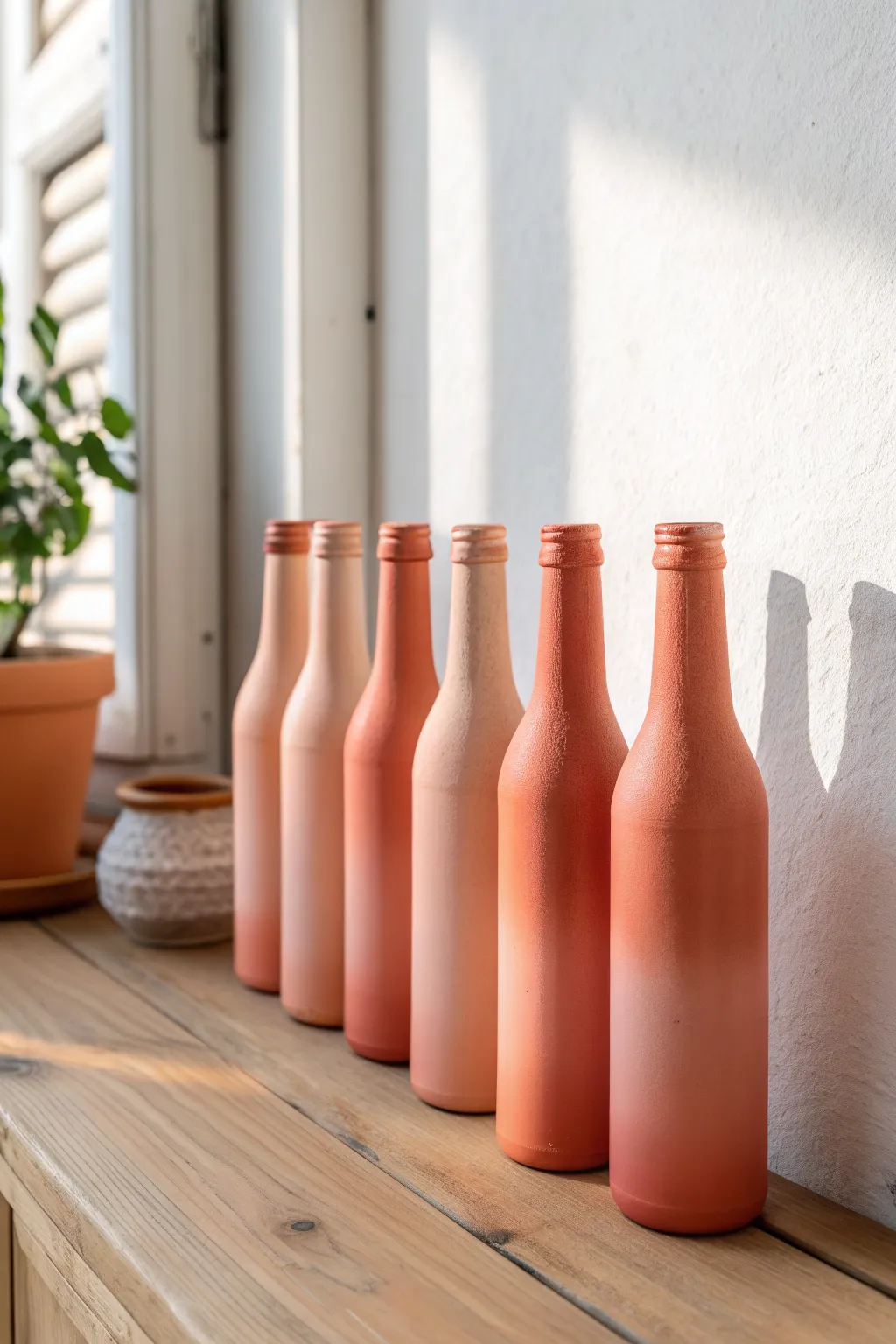 Ombre painted bottle set in soft blush to terracotta for minimalist, boho inspired DIY decor