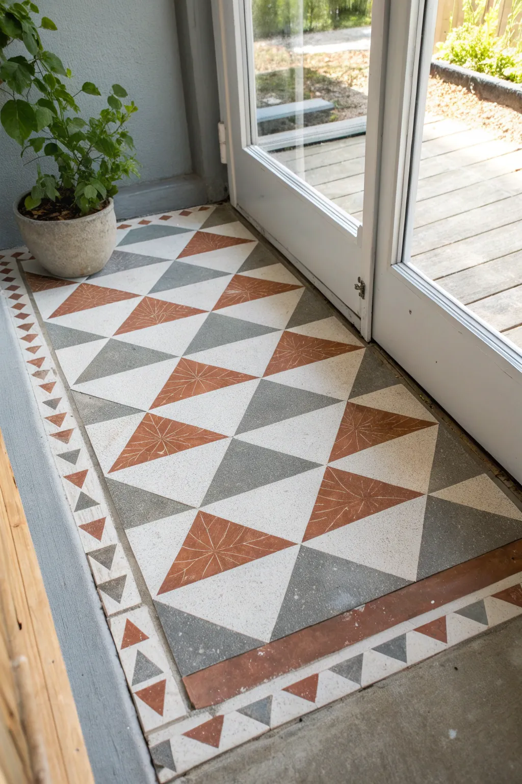 Two-tone triangle tape design on concrete floor, minimalist entryway DIY with crisp lines