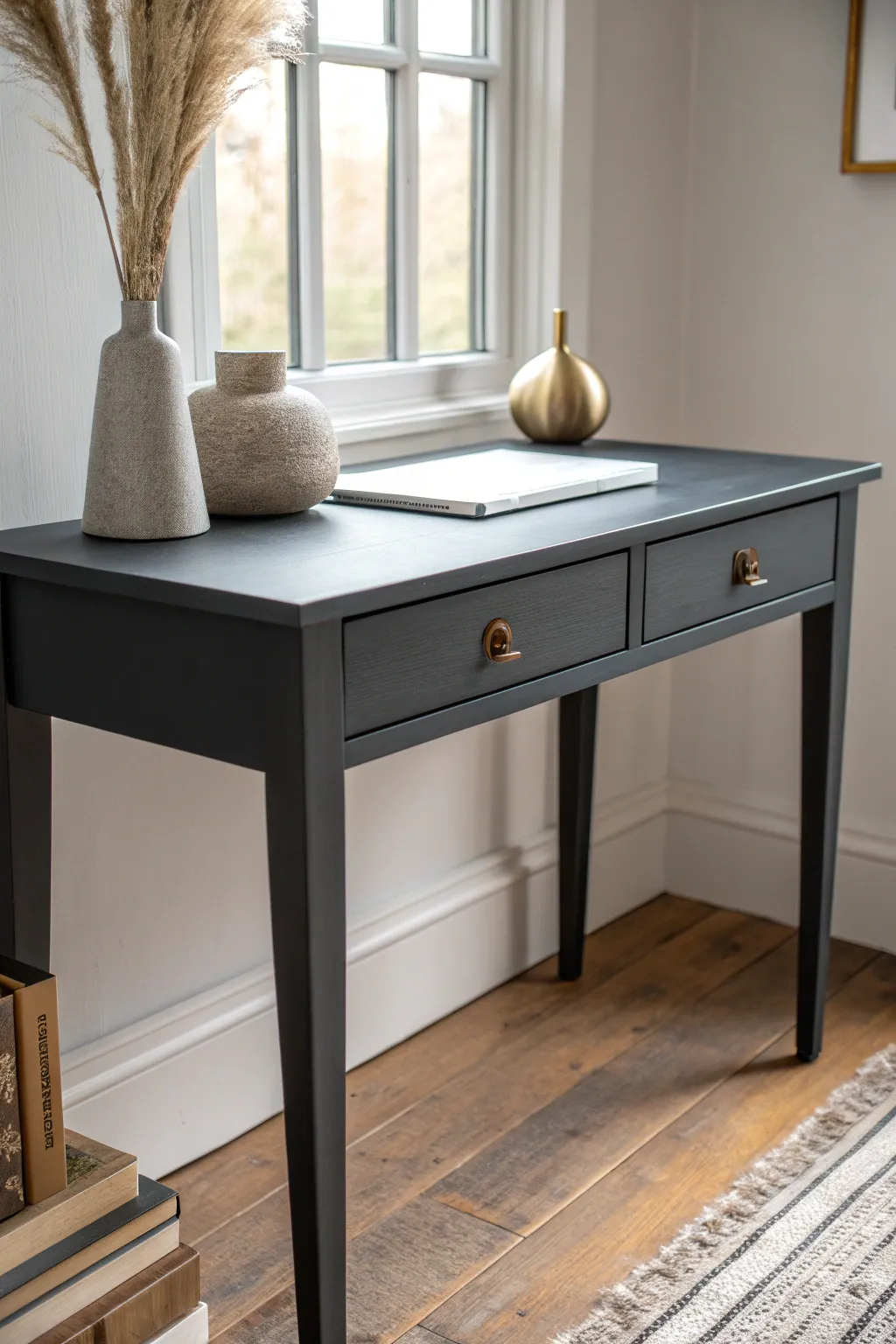 Close-up of an ultra-matte painted desk surface for a velvety, modern DIY look