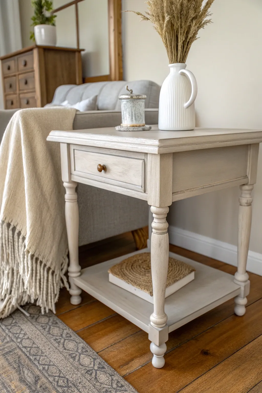 Soft greige painted end table styled with linen and ceramic for a calm minimalist look