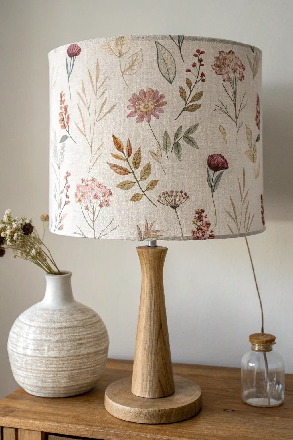 Neutral linen lampshade with hand-painted floral clusters for a soft Scandinavian boho look.