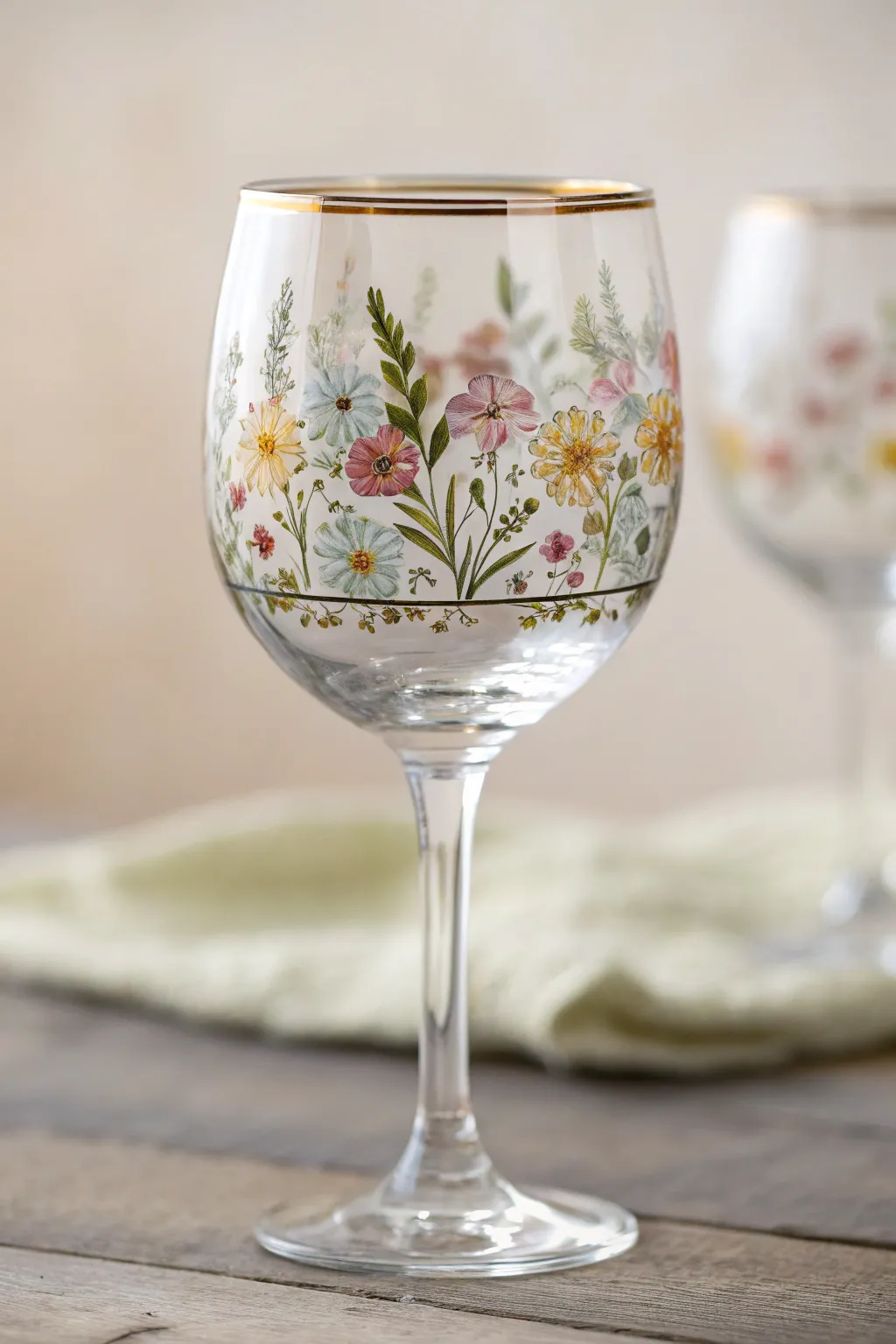 Hand-painted wildflower band adds meadow charm to a simple wine glass DIY in soft light