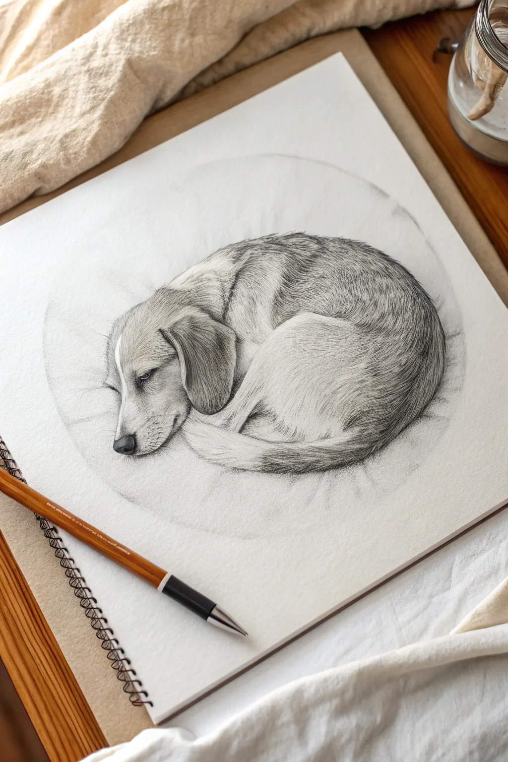 Minimalist pencil sketch of a curled-up sleeping pup, soft shading and cozy Scandinavian calm
