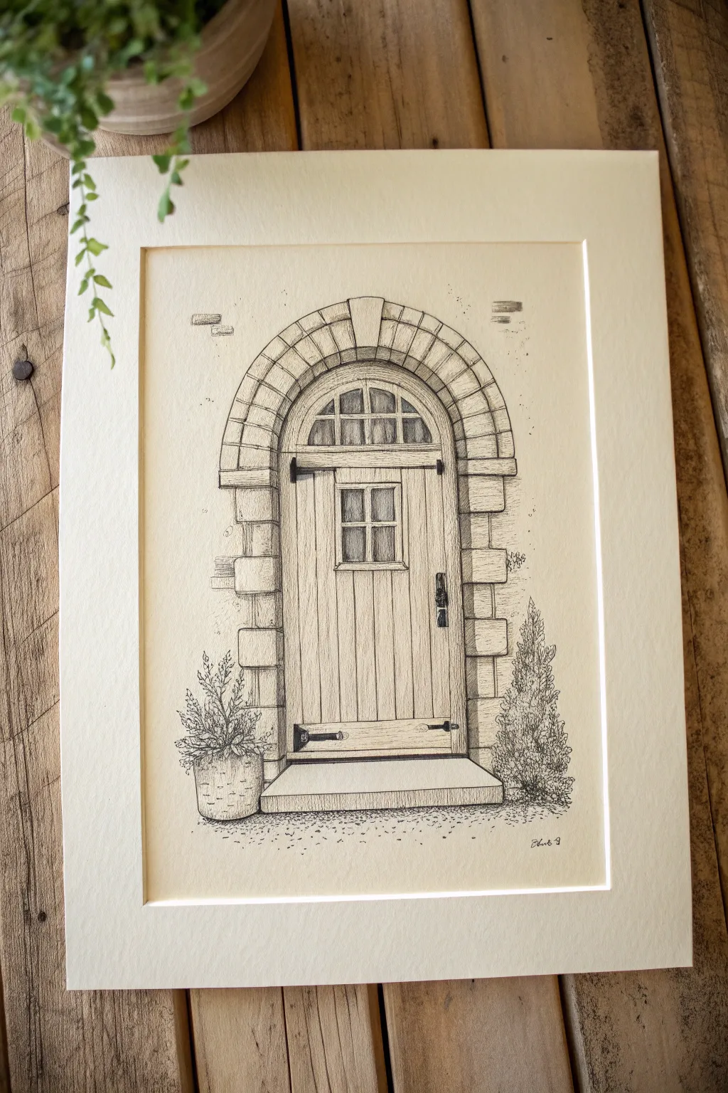 Storybook cottage door with a round top, simple ink lines and soft earthy watercolor wash