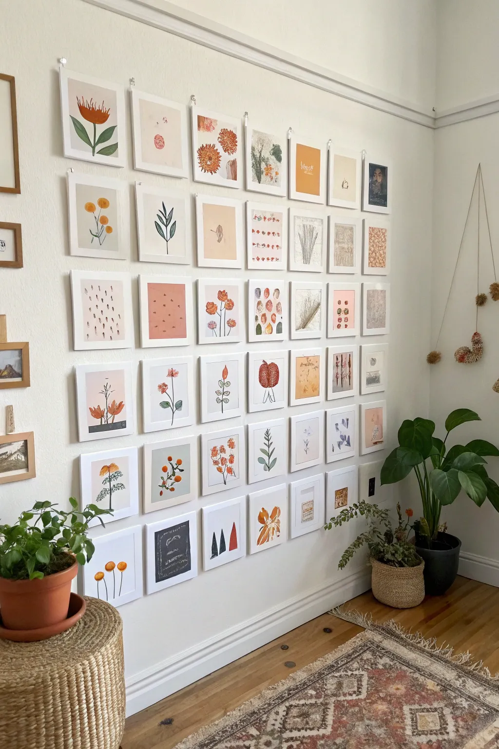 Tiny postcard paintings plus washi tape turns a blank dorm wall into a cozy mini gallery