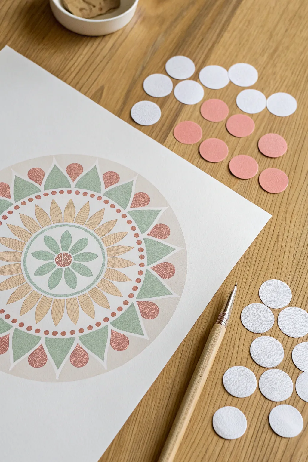 Sticker circle mandala layout with peeled dots for simple, satisfying dot art inspiration