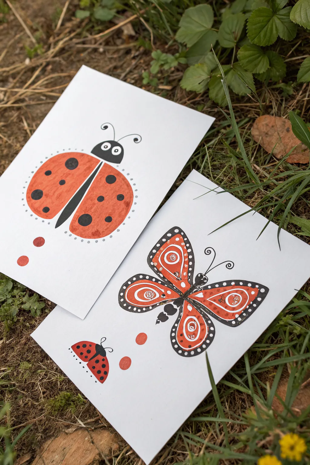Simple ladybug and butterfly dot art kids can copy, with bold spots and calm boho colors.
