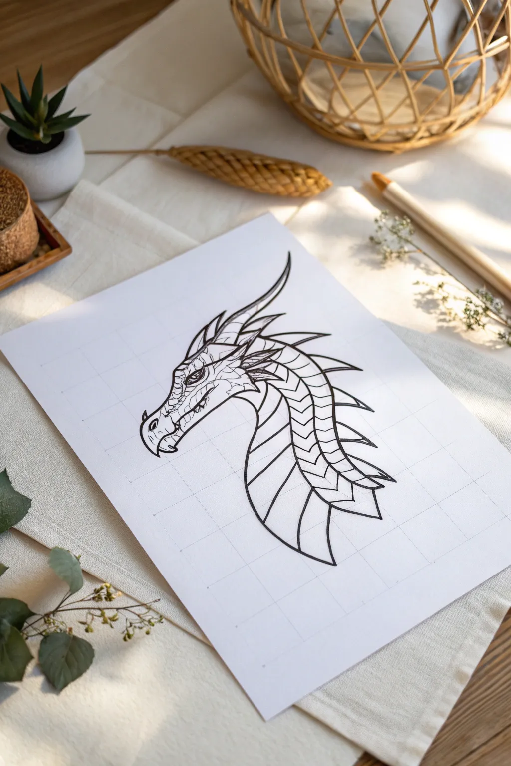 Side-profile dragon head printable base with jaw outline, crisp line art ready to cut and color.