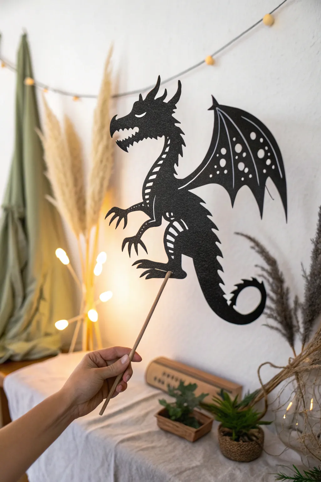 Crisp dragon shadow puppet with delicate cutouts, perfect for minimalist craft nights.