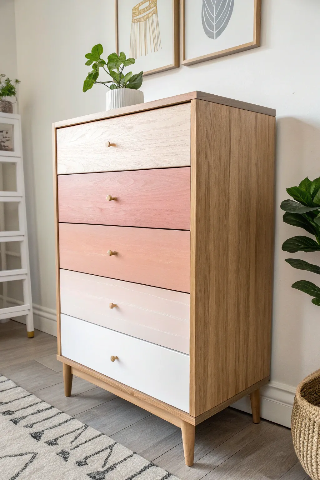 Ombre drawer fronts in warm clay-to-blush tones for a clean Scandinavian boho look