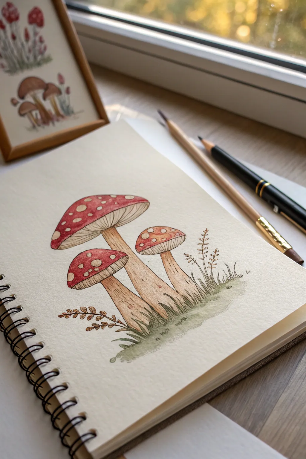 Whimsical mushroom cluster in earthy reds and browns, minimalist cozy inspiration to color.