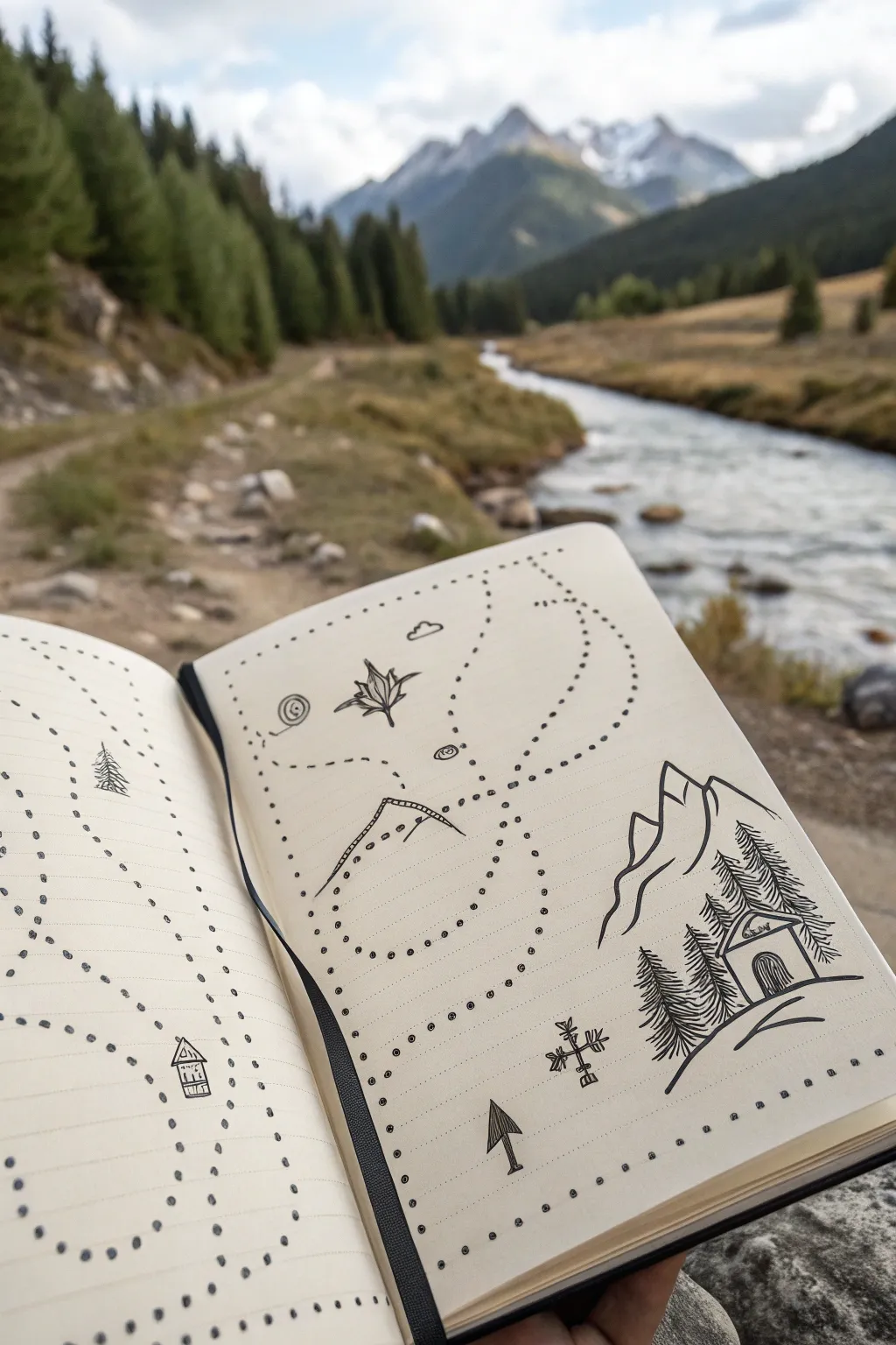 Sketch elegant roads, dotted trails, and one arched bridge to guide your fantasy map journey