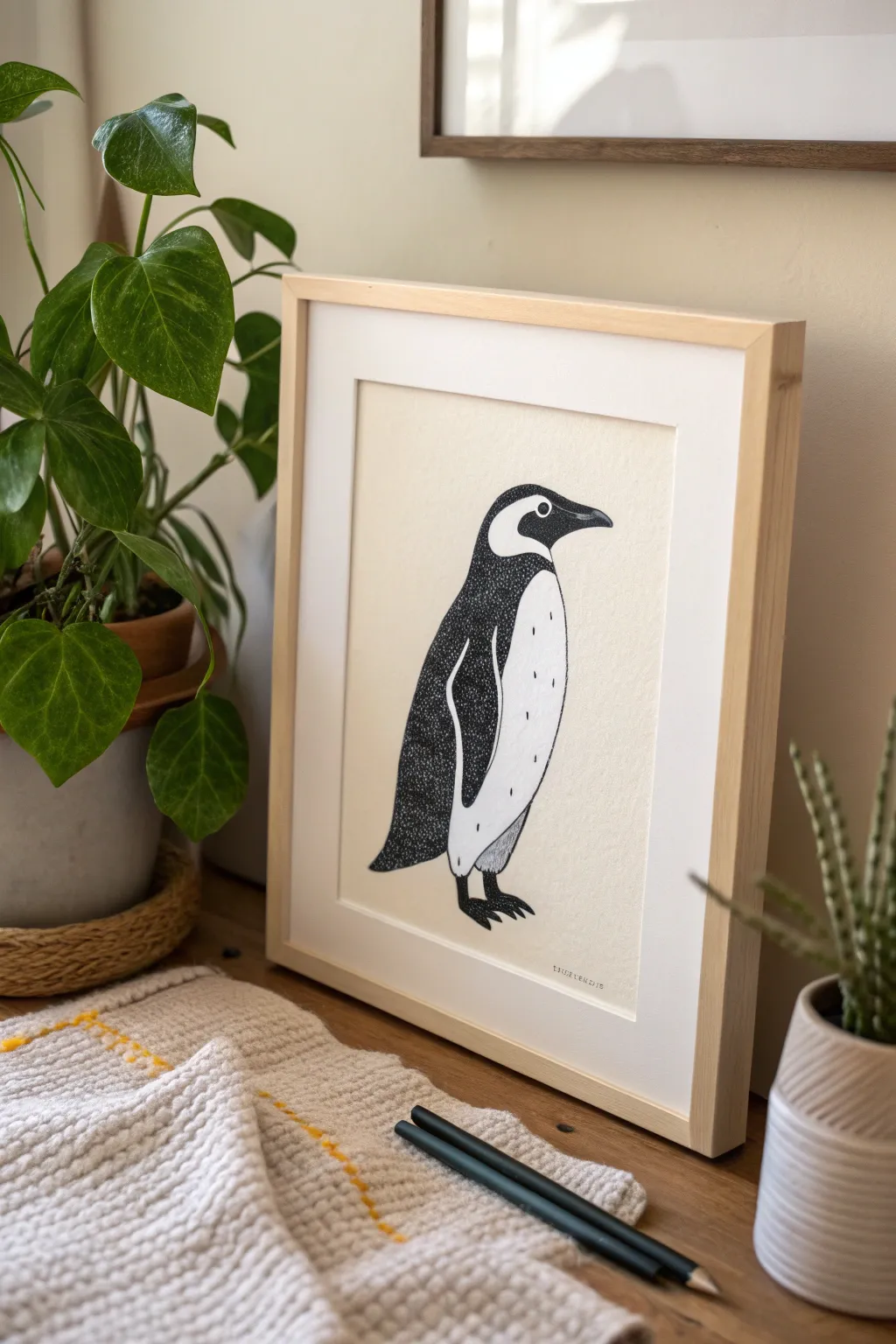 Bold block-style penguin drawing in high contrast, perfect for minimalist bird sketch ideas.