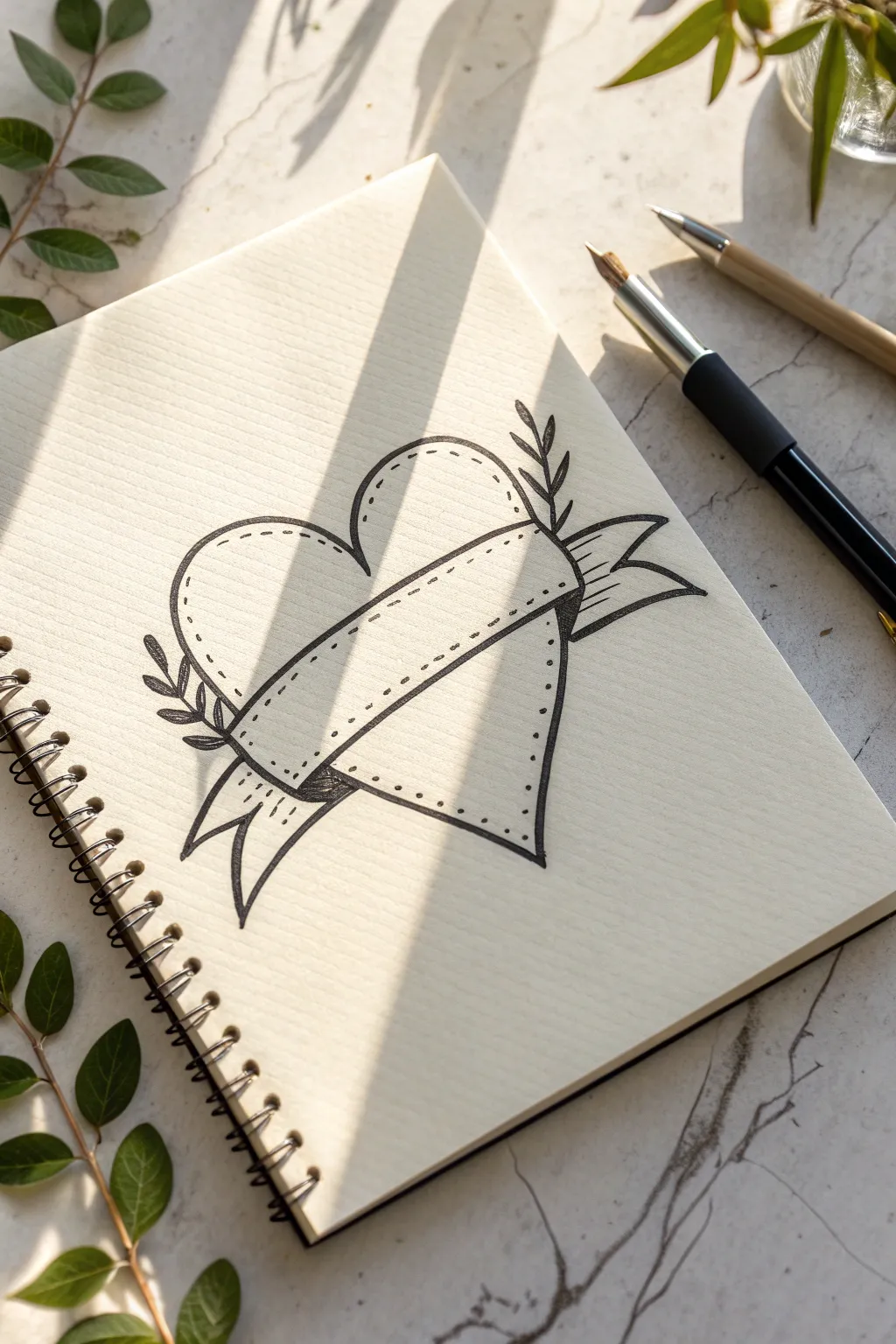 Easy heart-and-banner sketch idea in clean minimalist style, perfect for beginner doodling