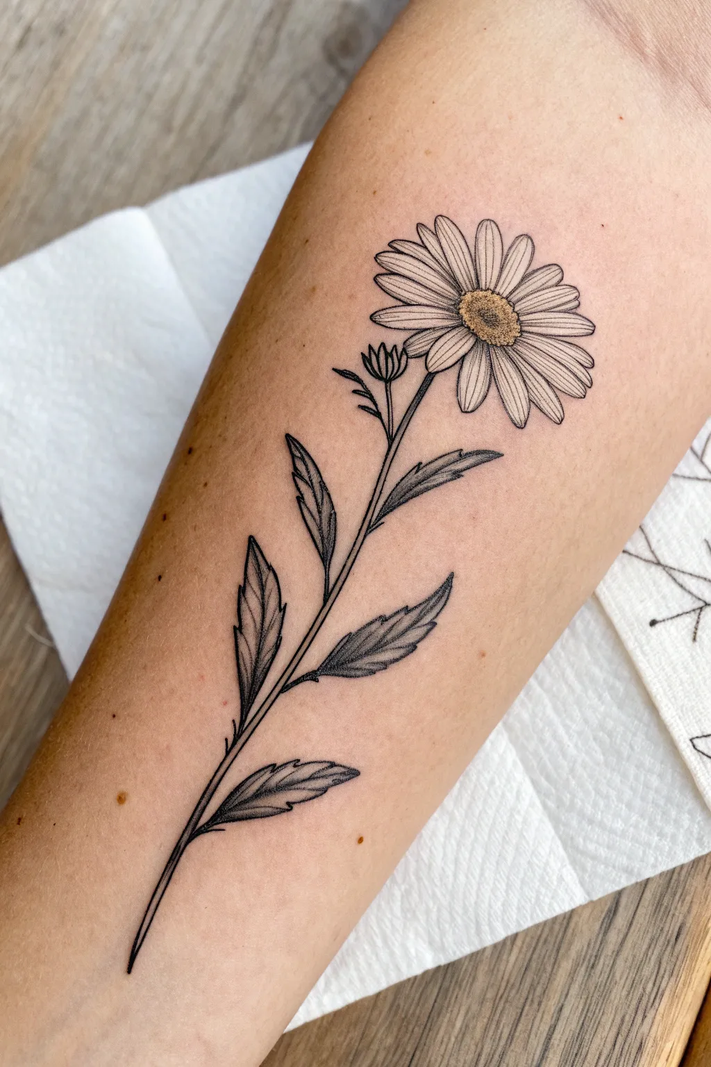 Airy micro daisy sprig line art idea, minimal and delicate for an easy tattoo sketch.