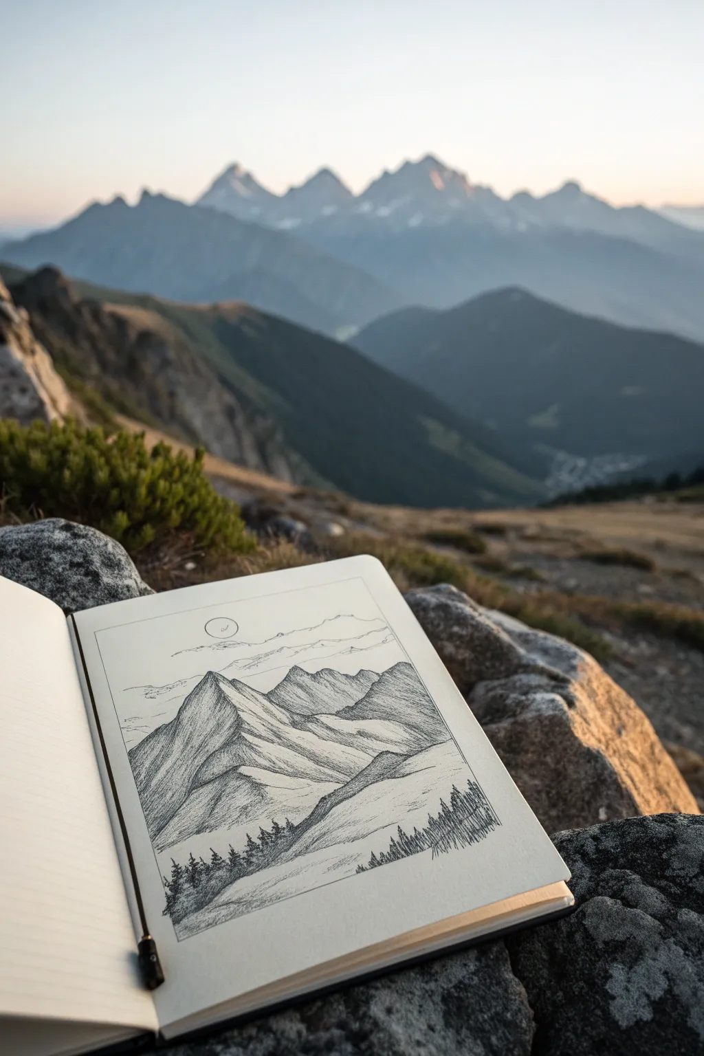 Minimal pencil mountains with layered values and a clean horizon for calm Scandinavian vibes