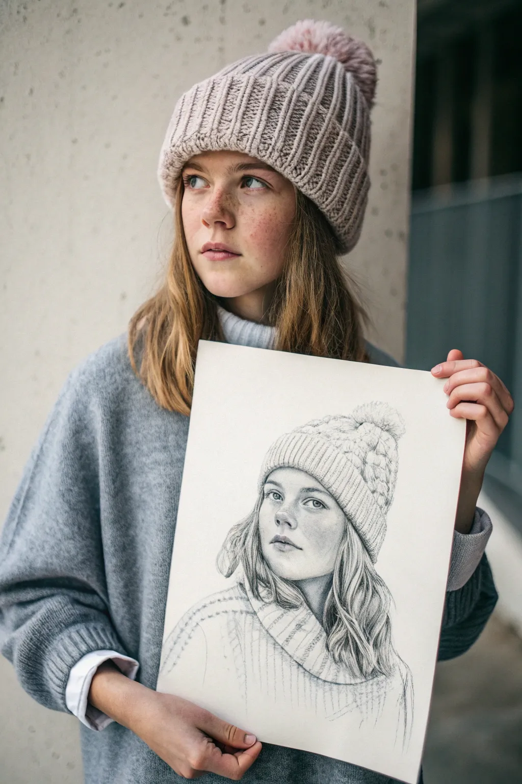 Cozy beanie girl sketch with soft face-framing strands, minimal Scandinavian style with boho warmth