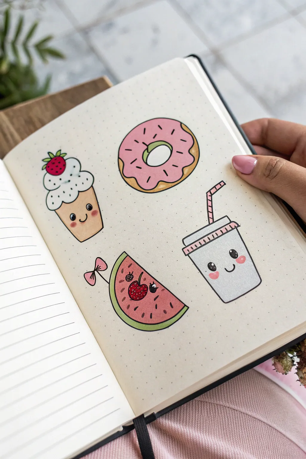 Sweet doodles for tweens: a clean sticker-sheet sketchbook page of cute food characters to draw