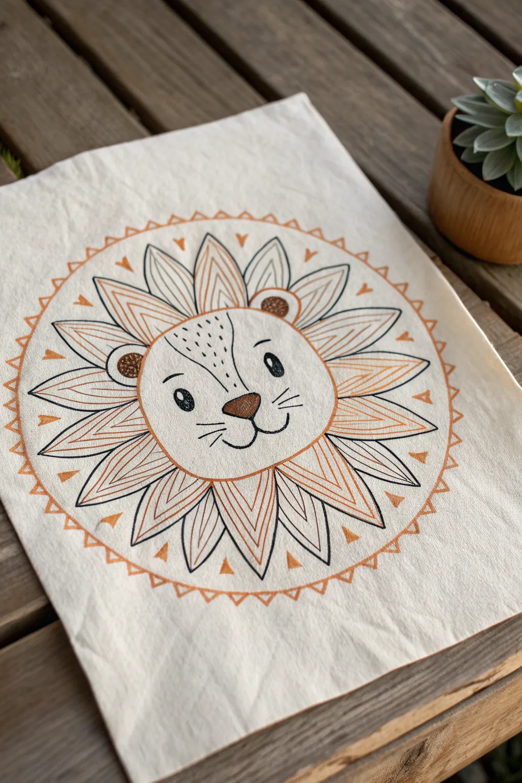 Simple lion with a sunburst mane: easy circles and petals in warm minimalist boho style.