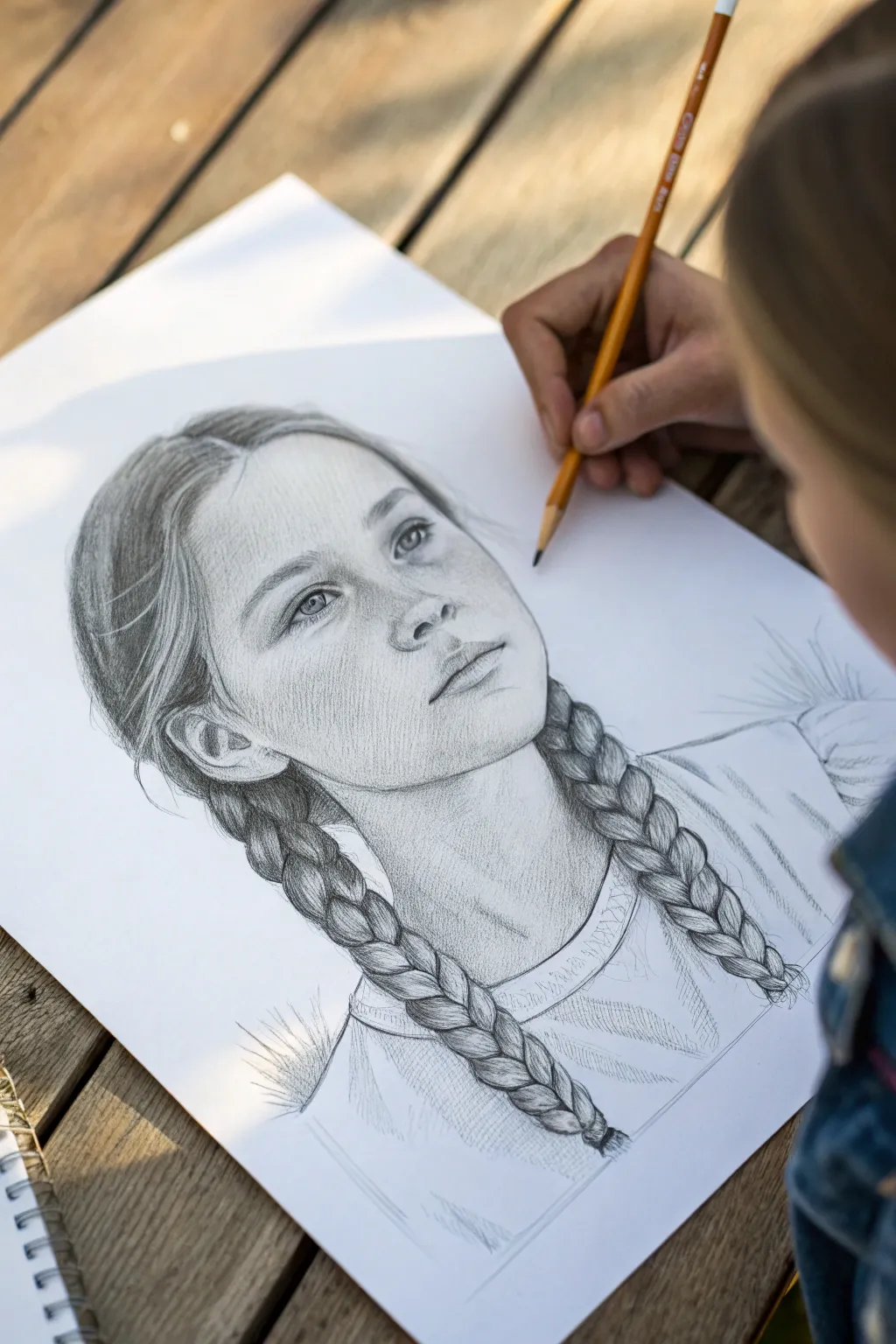 Minimal pencil portrait of a girl with braids, perfect for practicing clear repeating pattern segments