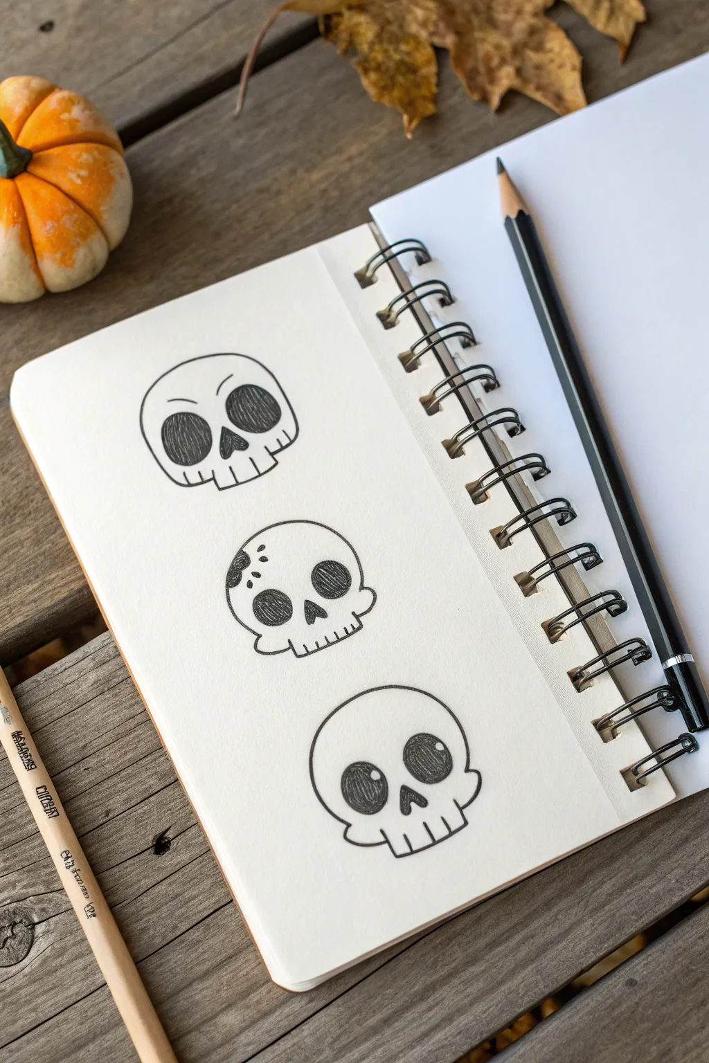 Three Halloween skull sketch styles on one clean study sheet, minimalist and warmly boho.