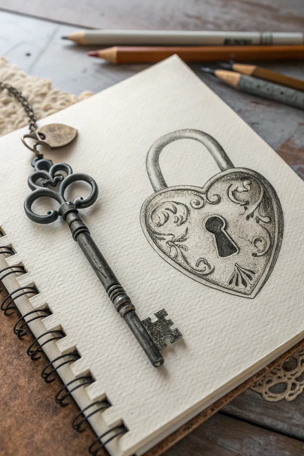 Unlock artistic inspiration with this vintage heart padlock and key sketch idea.