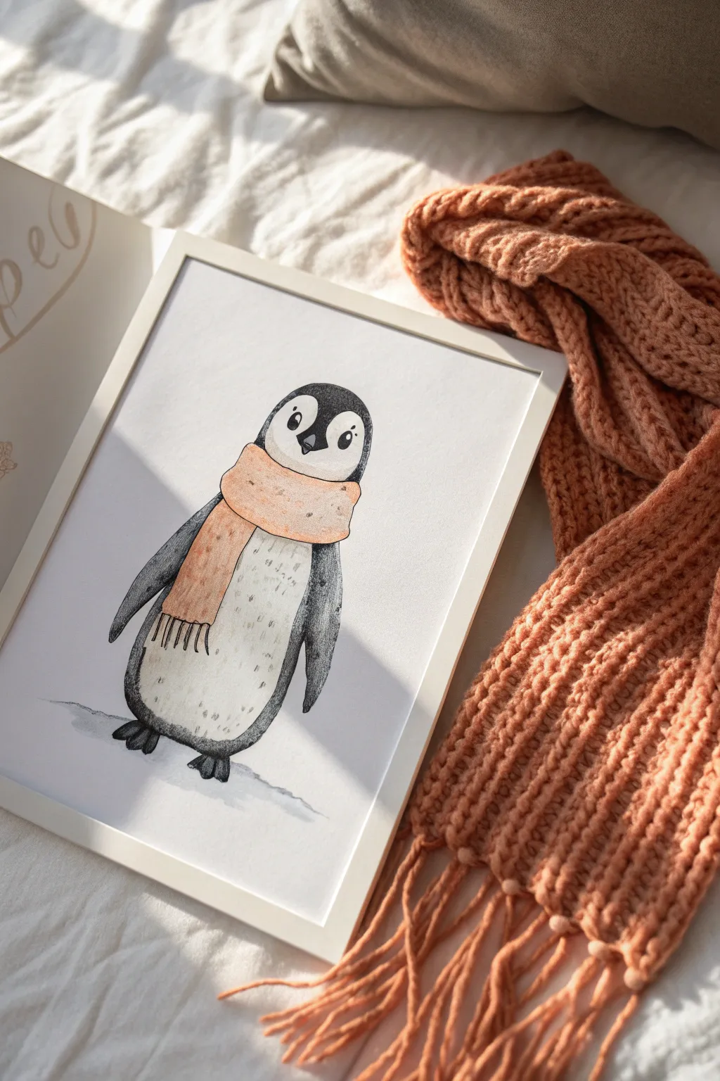 Simple penguin drawing with a chunky knit scarf, perfect for cozy winter sketch practice
