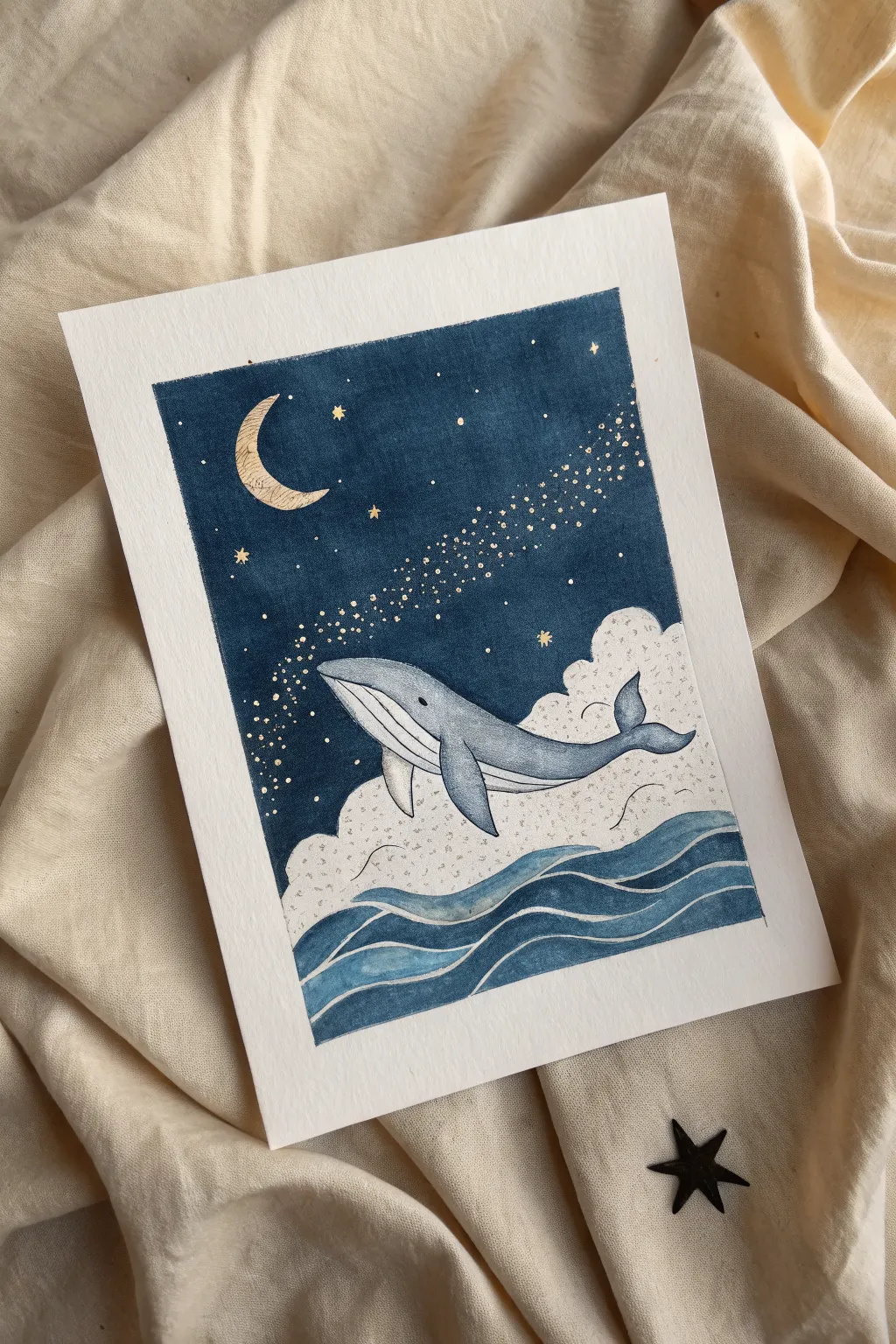 Dreamy sky ocean: a floating whale with star bubbles above a tiny boat, minimalist night palette