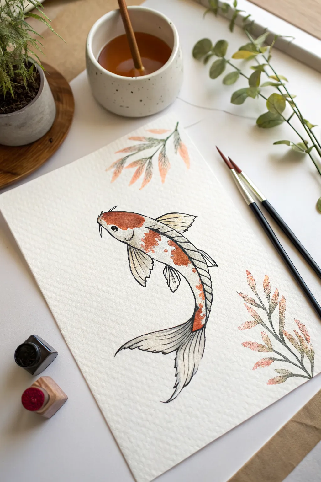 Koi fish outline with oversized watercolor fins, clean Scandinavian minimal style with a soft boho touch