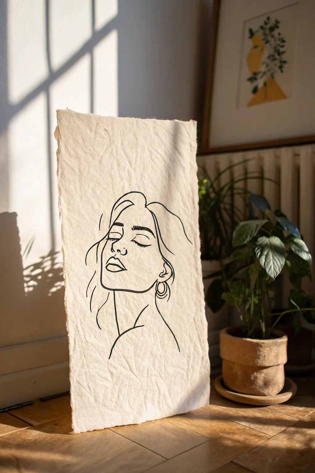 One-line marker portrait with bold black contours and calm Scandinavian minimal, boho warmth.